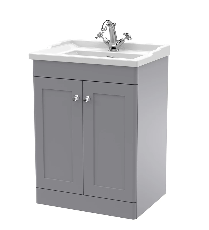 nuie CLC225F Classique Floor Standing 2 Door Vanity Unit & 1 Tap Hole Ceramic Basin, 600mm, Satin Grey