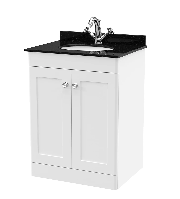 nuie CLC125BR1 Classique Floor Standing 2 Door Unit & 1 Tap Hole Marble Worktop with Round Basin, 600mm, Satin White/Black