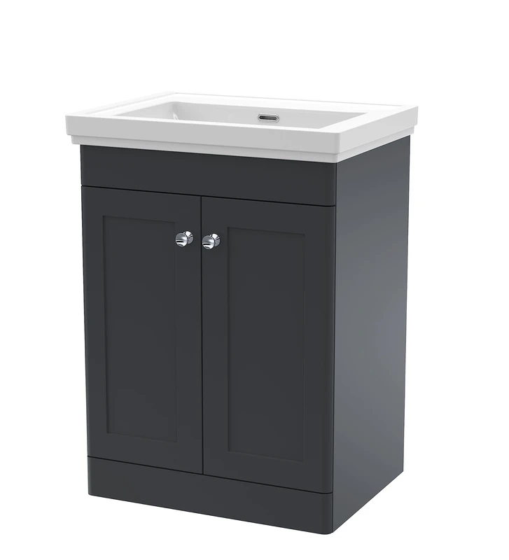 nuie Floor Standing 2 Door Vanity Unit & 0 Tap Hole Fireclay Basin, 600mm, Soft Black