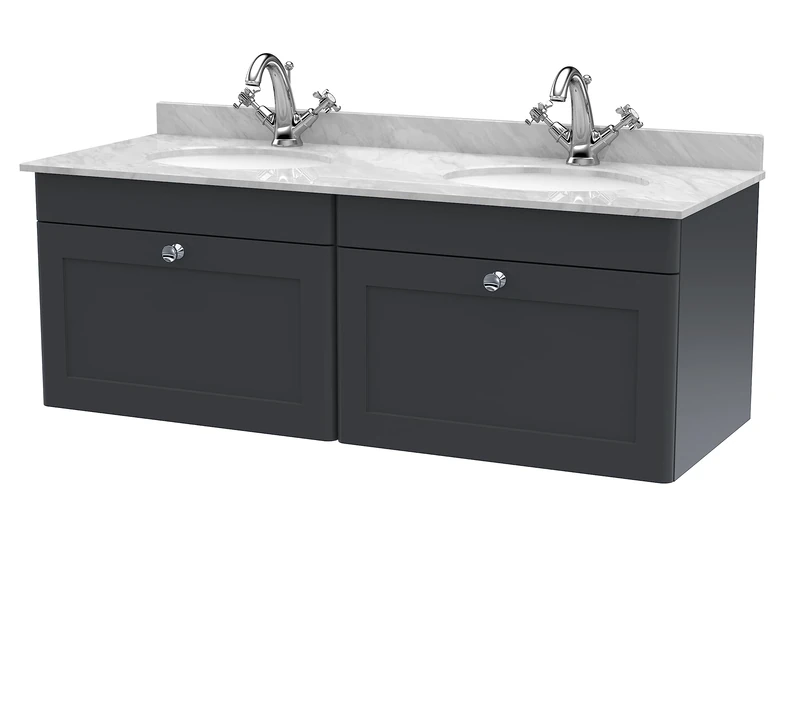 nuie CLC1494GR2 Classique Wall Hung 2 Drawer Unit & 1 Tap Hole Double Marble Top with Round Basin, 1200mm, Satin Anthracite/Grey, Soft Black
