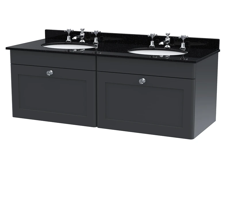nuie CLC1494BR6 Classique Wall Hung 2 Drawer Unit & 3 Tap Hole Double Marble Top with Round Basin, 1200mm, Satin Anthracite, Soft Black