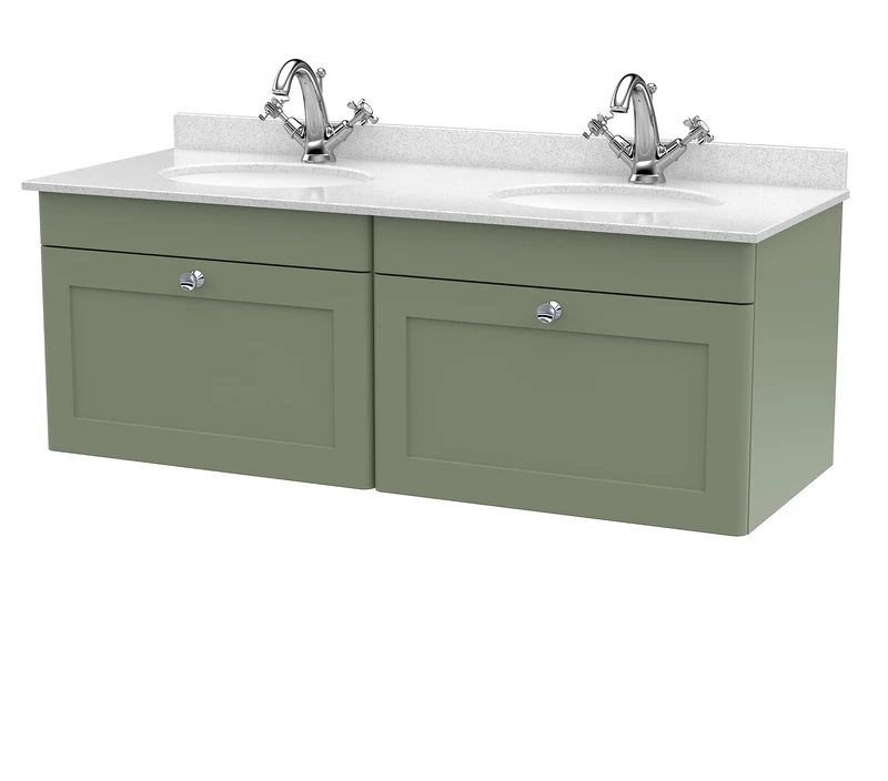 nuie CLC894WR2 Classique Wall Hung 2 Drawer Unit & 1 Tap Hole Double Marble Top with Round Basin, 1200mm, Satin Green/White