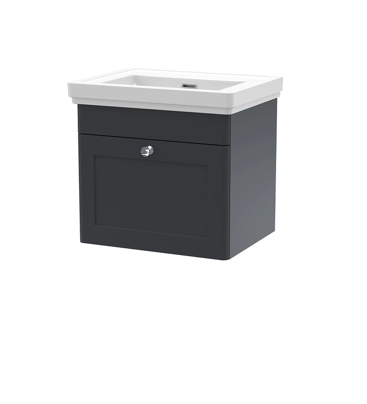nuie CLC1491H Classique Wall Hung 1 Drawer Vanity Unit & 0 Tap Hole Fireclay Basin, 500mm, Satin Anthracite, Soft Black