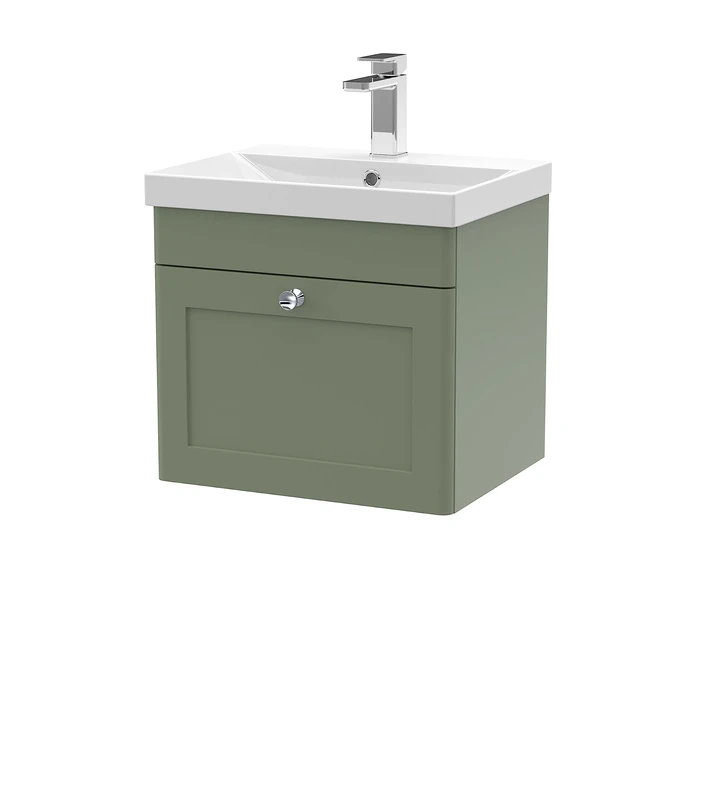 nuie CLC891E Classique Wall Hung 1 Drawer Unit & Thin-Edge Ceramic Basin, 500mm, Satin Green