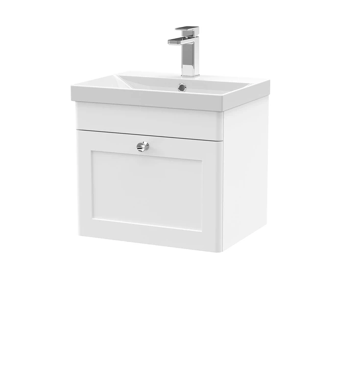 nuie CLC191E Classique Wall Hung 1 Drawer Unit & Thin-Edge Ceramic Basin, 500mm, Satin White