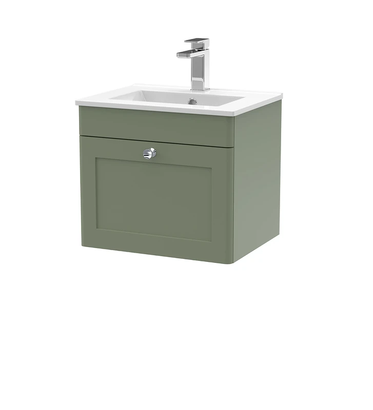 nuie CLC891C Classique Wall Hung 1 Drawer Unit & Minimalist Ceramic Basin, 500mm, Satin Green