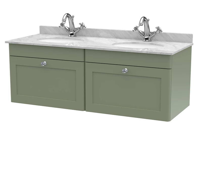 nuie CLC894GR2 Classique Wall Hung 2 Drawer Unit & 1 Tap Hole Double Marble Top with Round Basin, 1200mm, Satin Green/Grey