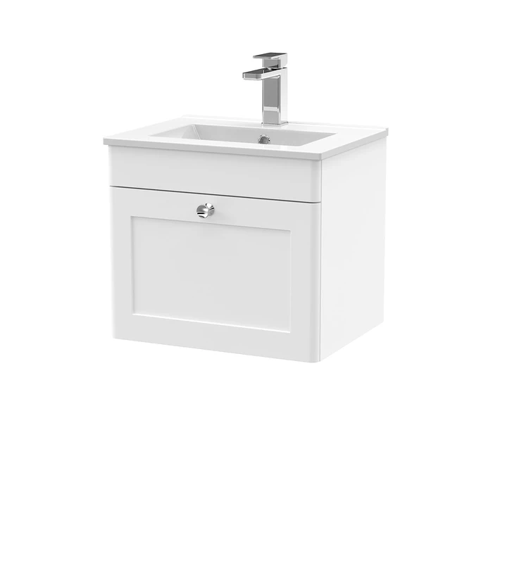 nuie CLC191C Classique Wall Hung 1 Drawer Unit & Minimalist Ceramic Basin, 500mm, Satin White