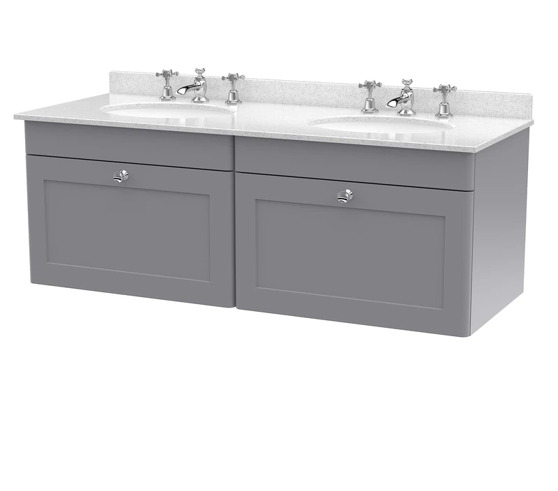 nuie CLC294WR6 Classique Wall Hung 2 Drawer Unit & 3 Tap Hole Double Marble Top with Round Basin, 1200mm, Satin Grey/White