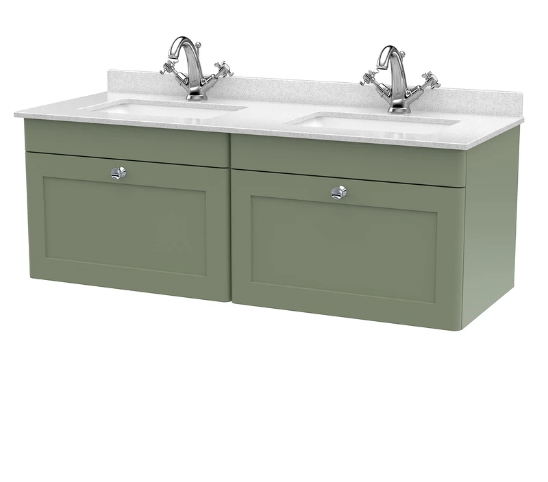 nuie CLC894WS2 Classique Wall Hung 2 Drawer Unit & 1 Tap Hole Marble Worktop with Square Basin, 1200mm, Satin Green/White