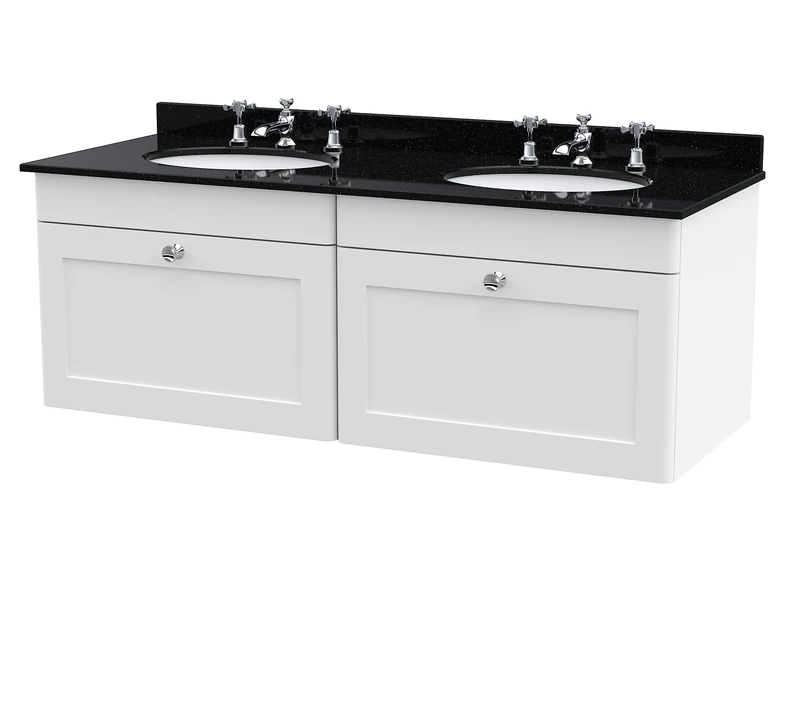 nuie CLC194BR6 Classique Wall Hung 2 Drawer Unit & 3 Tap Hole Double Marble Top with Round Basin, 1200mm, Satin White/Black