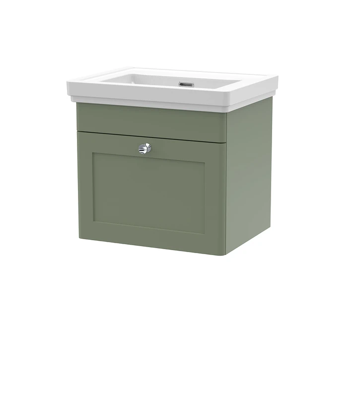nuie CLC891H Classique Wall Hung 1 Drawer Vanity Unit & 0 Tap Hole Fireclay Basin, 500mm, Satin Green