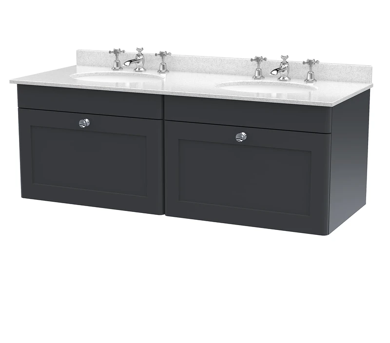 nuie CLC1494WR6 Classique Wall Hung 2 Drawer Unit & 3 Tap Hole Double Marble Top with Round Basin, 1200mm, Satin Anthracite/White, Soft Black