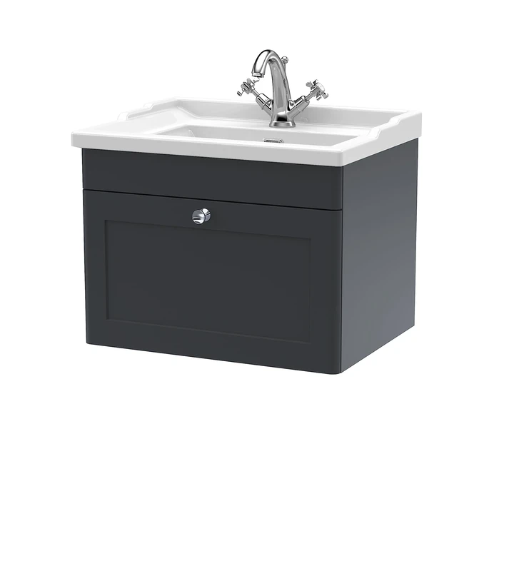 nuie CLC1494F Classique Wall Hung 1 Drawer Vanity Unit & 1 Tap Hole Ceramic Basin, 600mm, Satin Anthracite, Soft Black