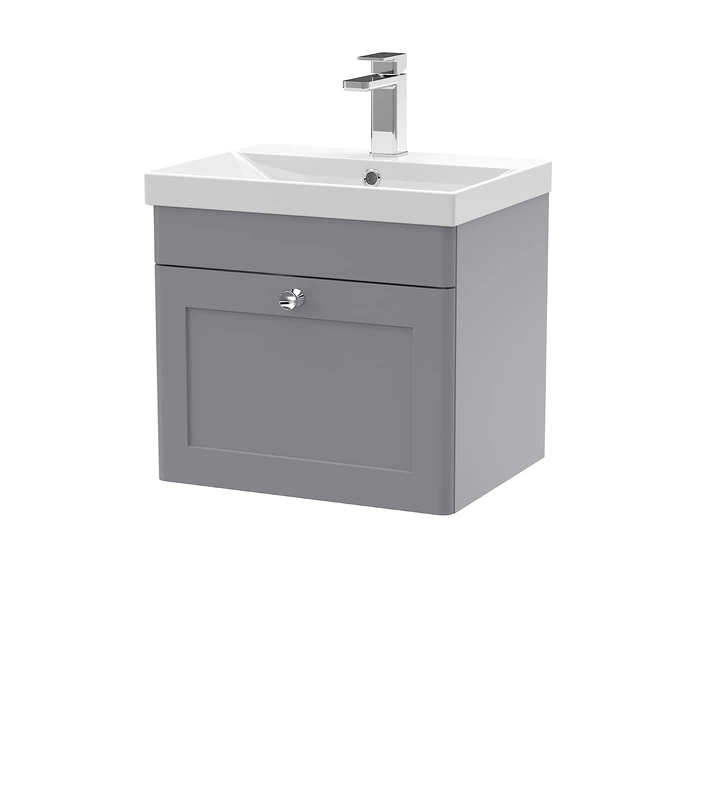 nuie CLC291E Classique Wall Hung 1 Drawer Unit & Thin-Edge Ceramic Basin, 500mm, Satin Grey