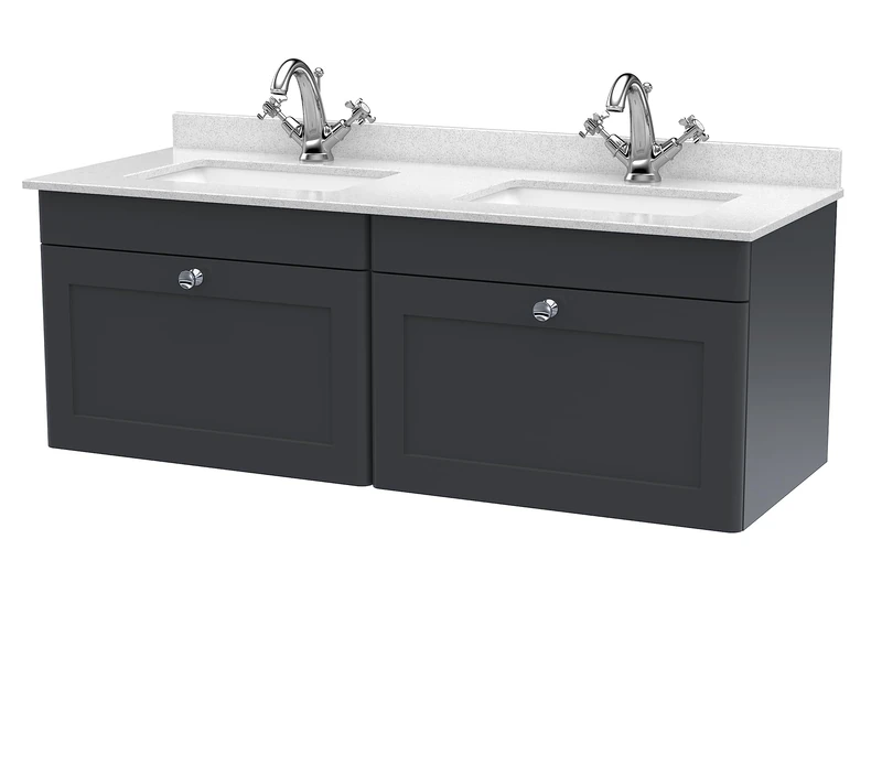 nuie CLC1494WS2 Classique Wall Hung 2 Drawer Unit & 1 Tap Hole Marble Worktop with Square Basin, 1200mm, Satin Anthracite/White, Soft Black