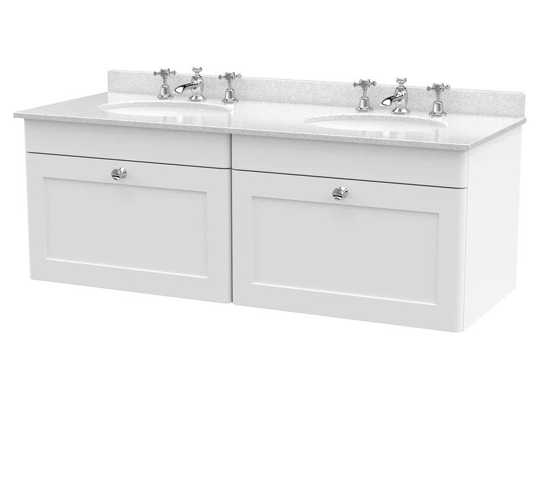 nuie CLC194WR6 Classique Wall Hung 2 Drawer Unit & 3 Tap Hole Double Marble Top with Round Basin, 1200mm, Satin White