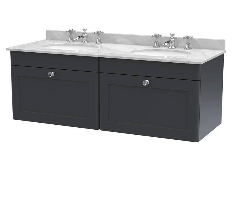 nuie CLC1494GR6 Classique Wall Hung 2 Drawer Unit & 3 Tap Hole Double Marble Top with Round Basin, 1200mm, Satin Anthracite/Grey, Soft Black
