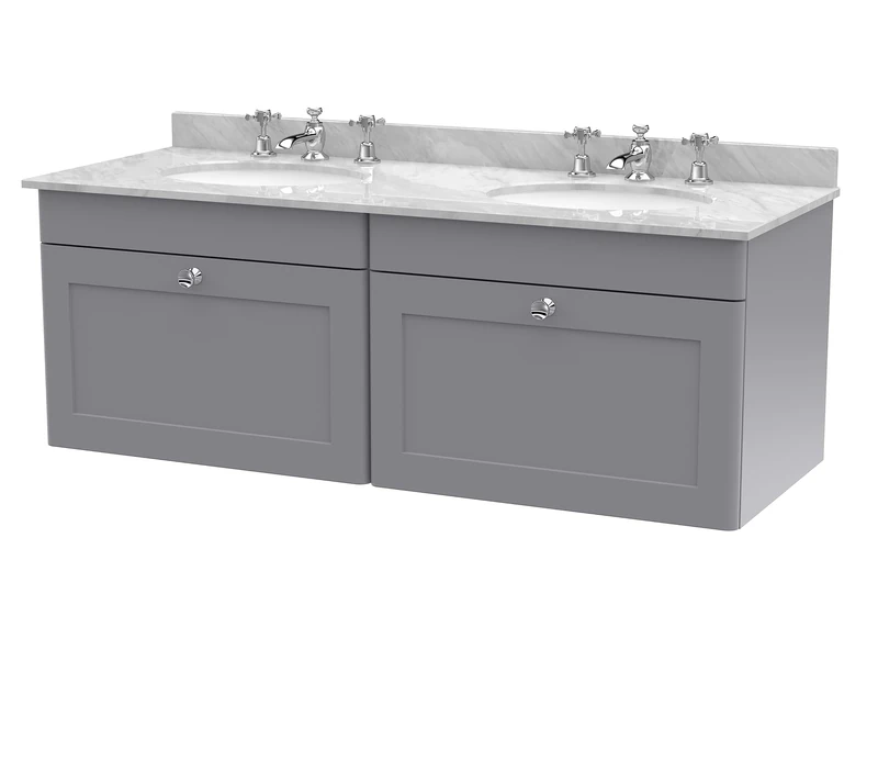 nuie CLC294GR6 Classique Wall Hung 2 Drawer Unit & 3 Tap Hole Double Marble Top with Round Basin, 1200mm, Satin Grey