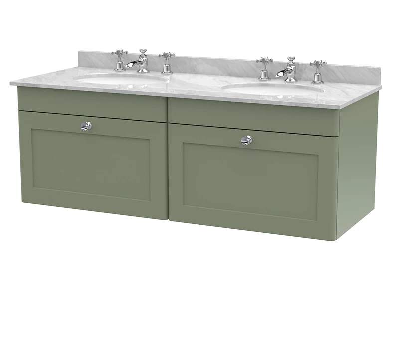 nuie CLC894GR6 Classique Wall Hung 2 Drawer Unit & 3 Tap Hole Double Marble Top with Round Basin, 1200mm, Satin Green/Grey