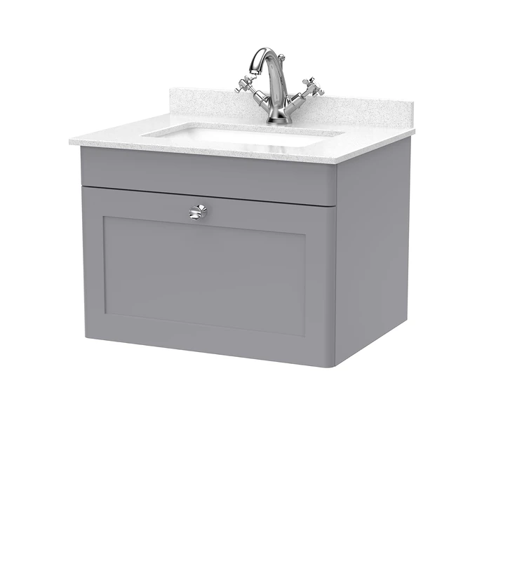 nuie CLC294WS1 Classique Wall Hung 1 Drawer Unit & 1 Tap Hole Marble Worktop with Square Basin, 600mm, Satin Grey/White