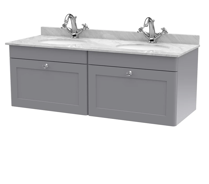 nuie CLC294GR2 Classique Wall Hung 2 Drawer Unit & 1 Tap Hole Double Marble Top with Round Basin, 1200mm, Satin Grey