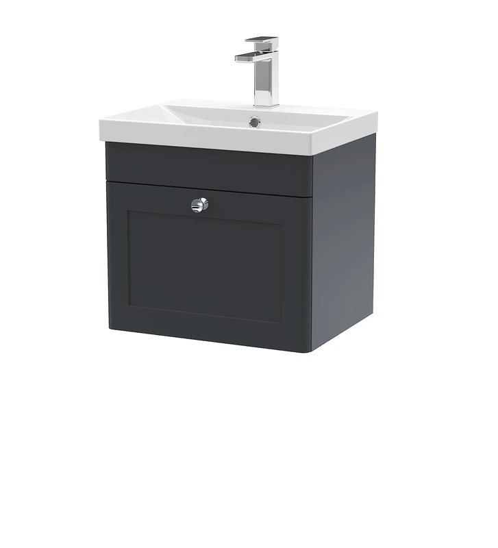 nuie CLC1491E Classique Wall Hung 1 Drawer Unit & Thin-Edge Ceramic Basin, 500mm, Satin Anthracite, Soft Black