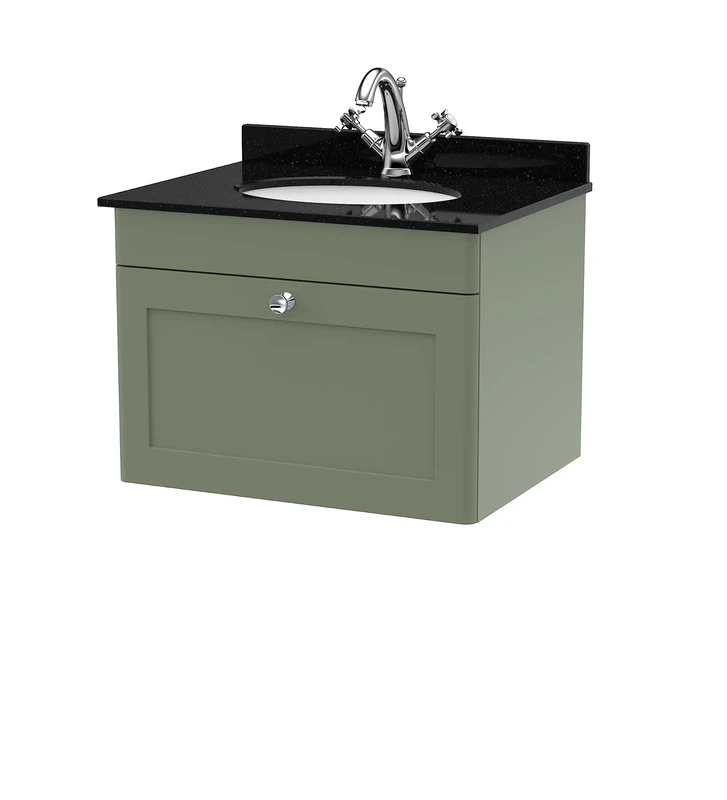 nuie CLC894BR1 Classique Wall Hung 1 Drawer Unit & 1 Tap Hole Marble Worktop with Round Basin, 600mm, Satin Green/Black