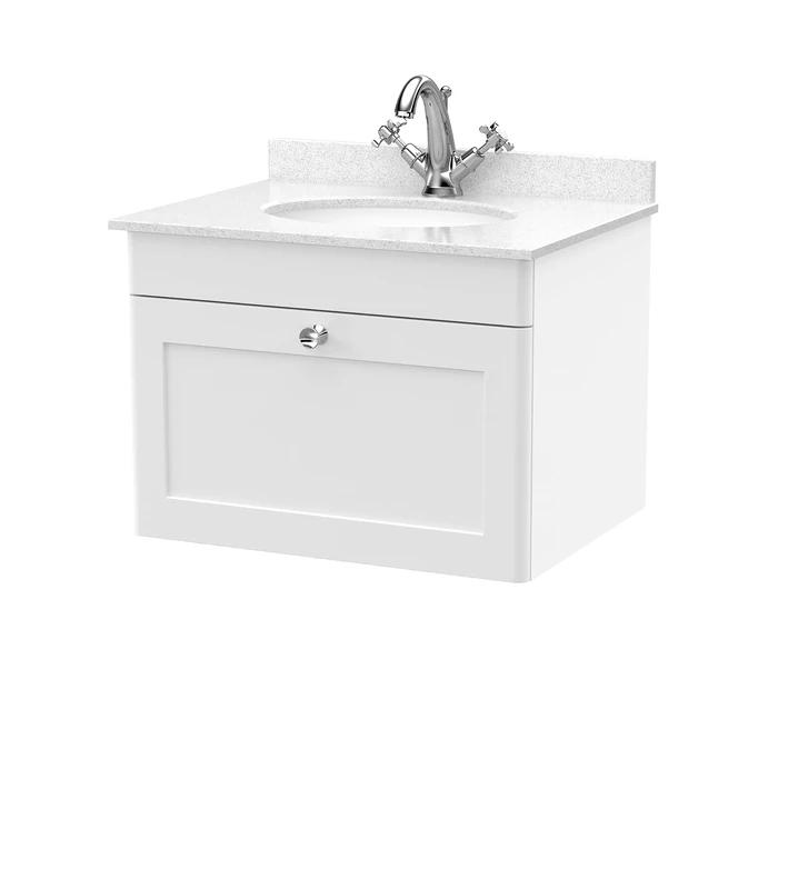 nuie CLC194WR1 Classique Wall Hung 1 Drawer Unit & 1 Tap Hole Marble Worktop with Round Basin, 600mm, Satin White