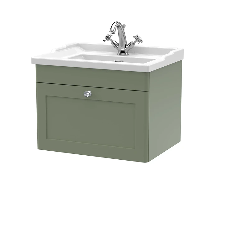nuie CLC894F Classique Wall Hung 1 Drawer Vanity Unit & 1 Tap Hole Ceramic Basin, 600mm, Satin Green