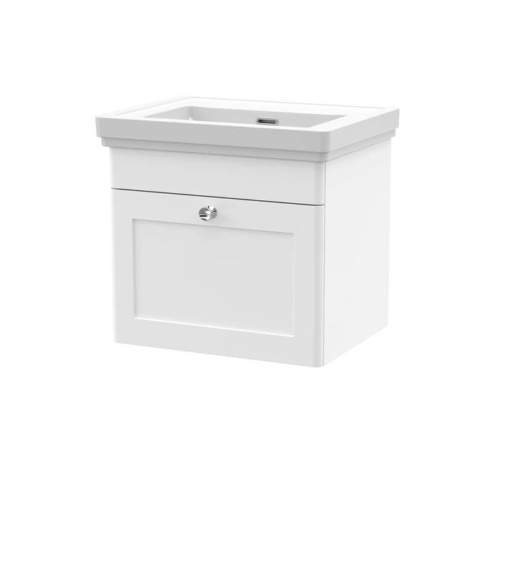 nuie CLC191H Classique Wall Hung 1 Drawer Vanity Unit & 0 Tap Hole Fireclay Basin, 500mm, Satin White