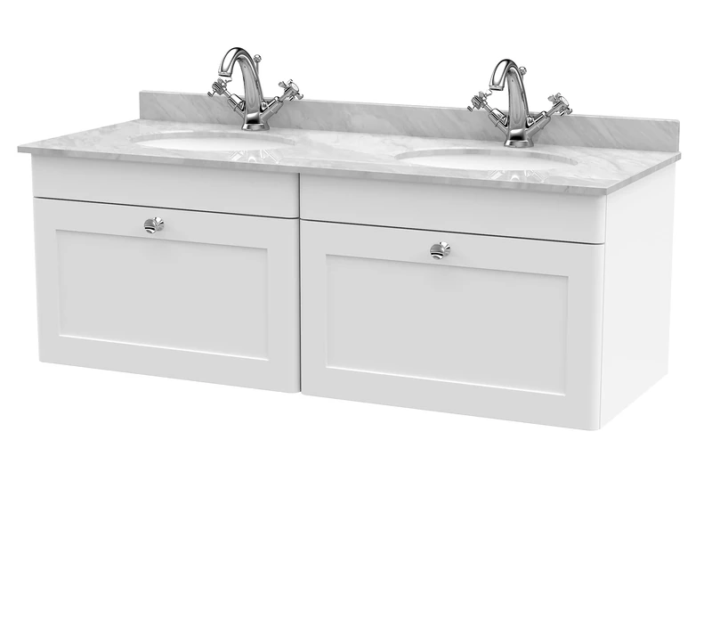nuie CLC194GR2 Classique Wall Hung 2 Drawer Unit & 1 Tap Hole Double Marble Top with Round Basin, 1200mm, Satin White/Grey