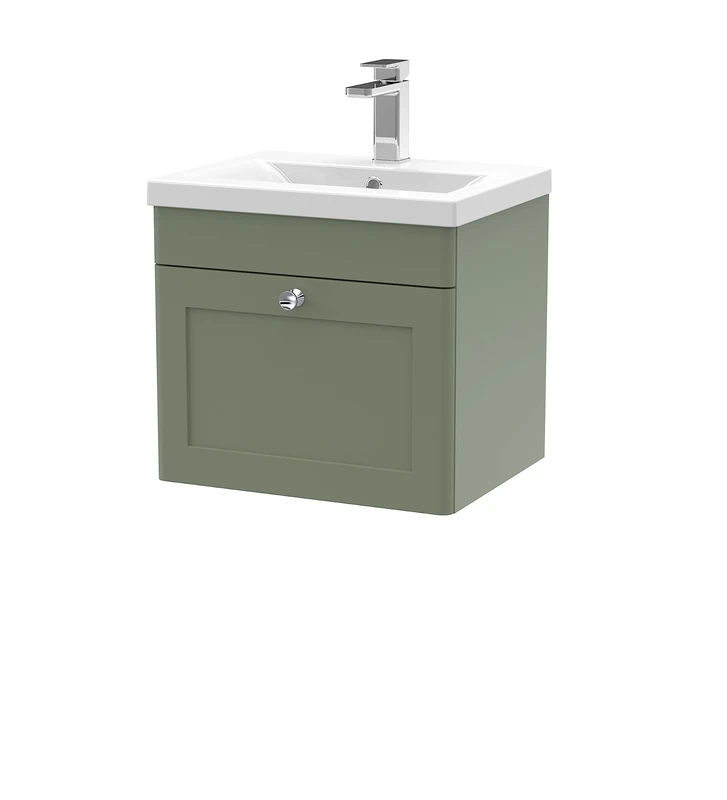 nuie CLC891D Classique Wall Hung 1 Drawer Unit & Mid-Edge Ceramic Basin, 500mm, Satin Green