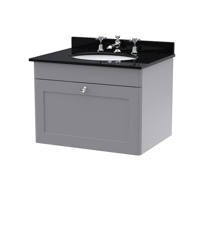 nuie CLC294BR3 Classique Wall Hung 1 Drawer Unit & 3 Tap Hole Marble Worktop with Round Basin, 600mm, Satin Grey/Black