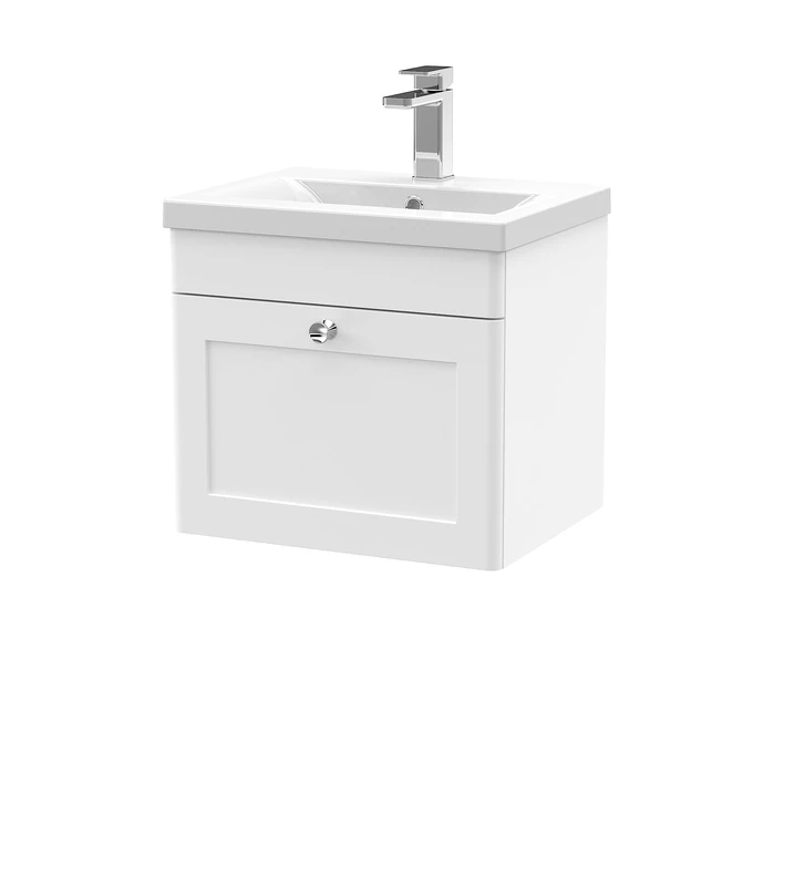 nuie CLC191D Classique Wall Hung 1 Drawer Unit & Mid-Edge Ceramic Basin, 500mm, Satin White