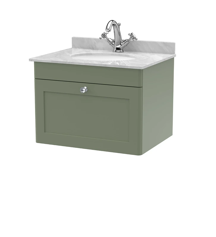 nuie CLC894GR1 Classique Wall Hung 1 Drawer Unit & 1 Tap Hole Marble Worktop with Round Basin, 600mm, Satin Green/Grey