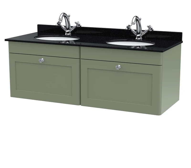 nuie CLC894BR2 Classique Wall Hung 2 Drawer Unit & 1 Tap Hole Double Marble Top with Round Basin, 1200mm, Satin Green/Black
