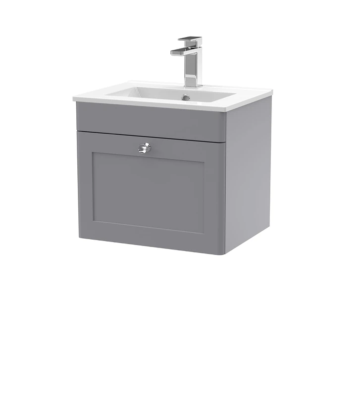 nuie CLC291C Classique Wall Hung 1 Drawer Unit & Minimalist Ceramic Basin, 500mm, Satin Grey