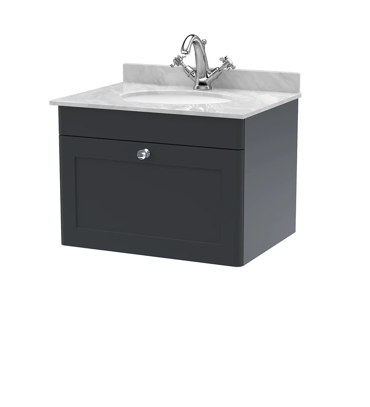 nuie CLC1494GR1 Classique Wall Hung 1 Drawer Unit & 1 Tap Hole Marble Worktop with Round Basin, 600mm, Satin Anthracite/Grey, Soft Black