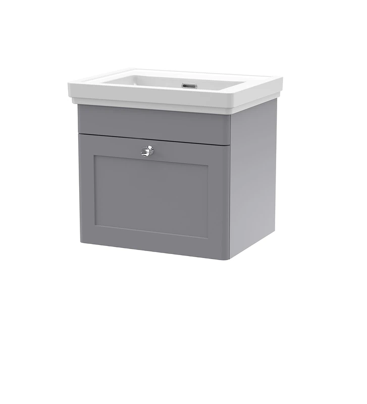 nuie CLC291H Classique Wall Hung 1 Drawer Vanity Unit & 0 Tap Hole Fireclay Basin, 500mm, Satin Grey