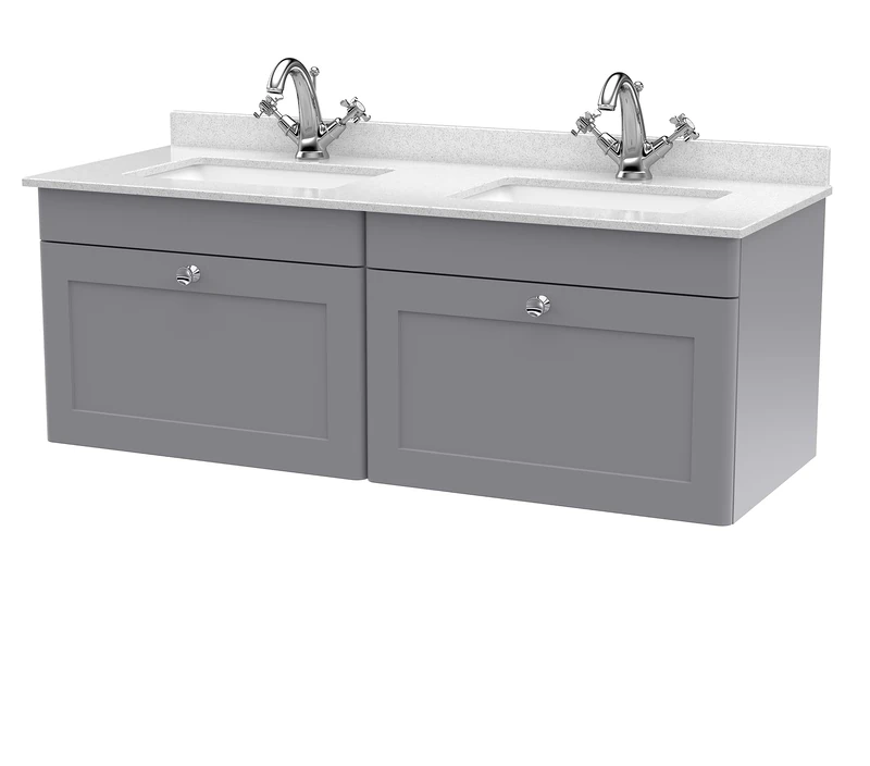 nuie CLC294WS2 Classique Wall Hung 2 Drawer Unit & 1 Tap Hole Marble Worktop with Square Basin, 1200mm, Satin Grey/White