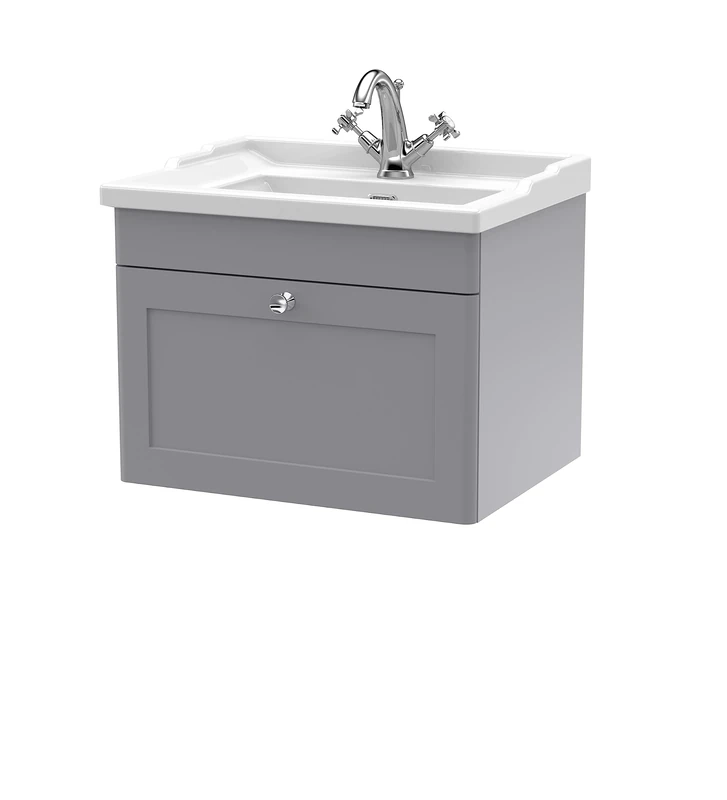 nuie CLC294F Classique Wall Hung 1 Drawer Vanity Unit & 1 Tap Hole Ceramic Basin, 600mm, Satin Grey