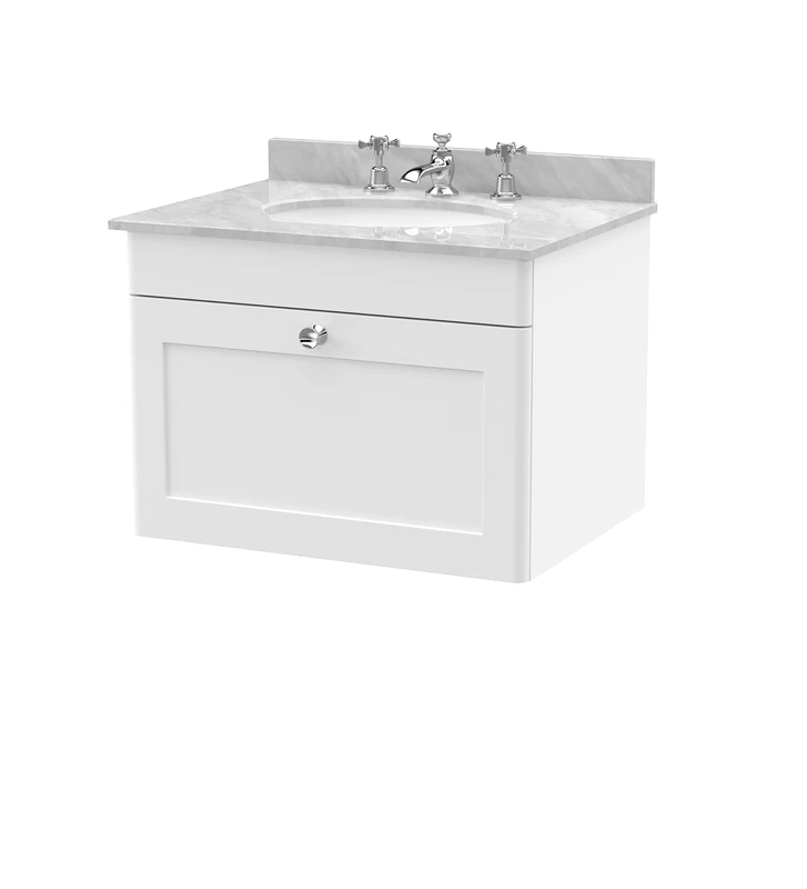 nuie CLC194GR3 Classique Wall Hung 1 Drawer Unit & 3 Tap Hole Marble Worktop with Round Basin, 600mm, Satin White/Grey