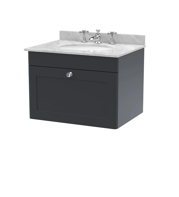 nuie CLC1494GR3 Classique Wall Hung 1 Drawer Unit & 3 Tap Hole Marble Worktop with Round Basin, 600mm, Satin Anthracite/Grey, Soft Black