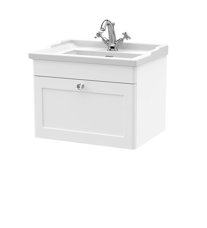 nuie CLC194F Classique Wall Hung 1 Drawer Vanity Unit & 1 Tap Hole Ceramic Basin, 600mm, Satin White