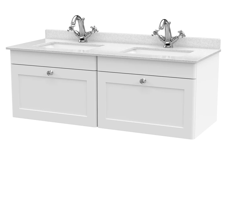 nuie CLC194WS2 Classique Wall Hung 2 Drawer Unit & 1 Tap Hole Marble Worktop with Square Basin, 1200mm, Satin White