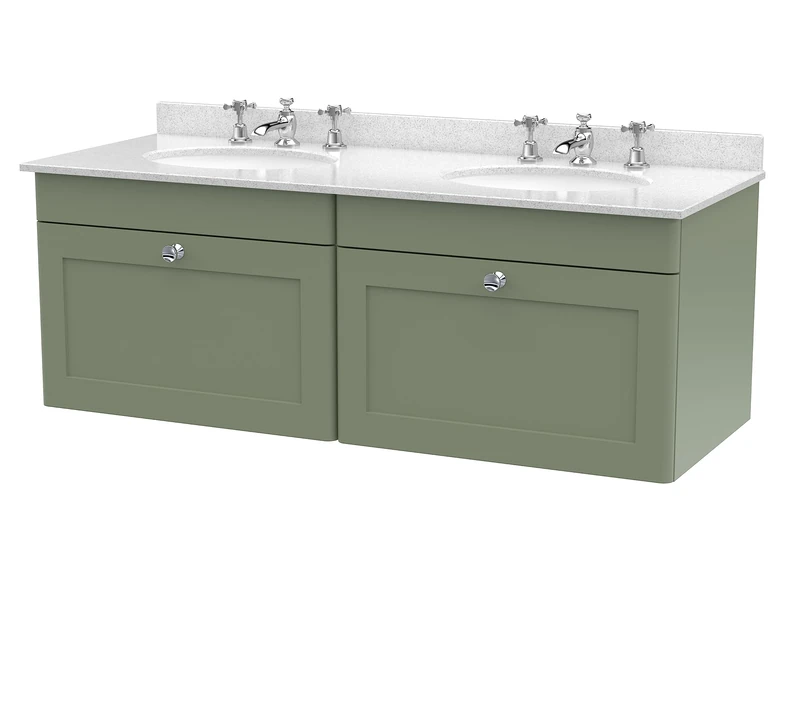 nuie CLC894WR6 Classique Wall Hung 2 Drawer Unit & 3 Tap Hole Double Marble Top with Round Basin, 1200mm, Satin Green/White