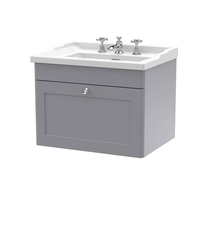 nuie CLC294G Classique Wall Hung 1 Drawer Vanity Unit & 3 Tap Hole Ceramic Basin, 600mm, Satin Grey