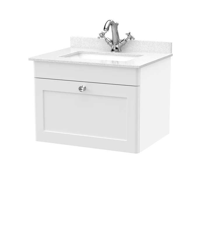 nuie CLC194WS1 Classique Wall Hung 1 Drawer Unit & 1 Tap Hole Marble Worktop with Square Basin, 600mm, Satin White