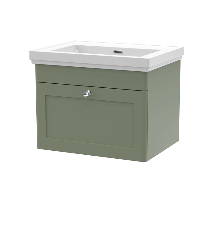 nuie CLC894H Classique Wall Hung 1 Drawer Vanity Unit & 0 Tap Hole Fireclay Basin, 600mm, Satin Green